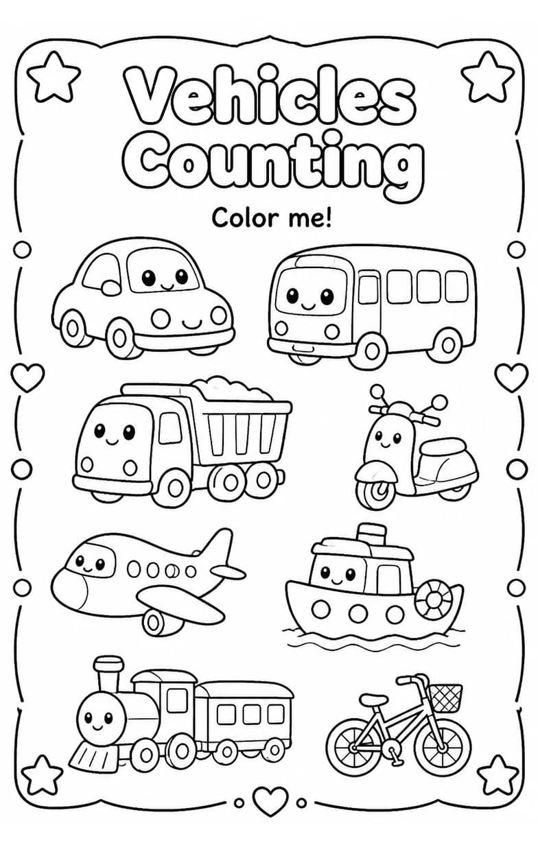 Vehicles Counting Coloring Page — free printable Pre-K Math worksheet