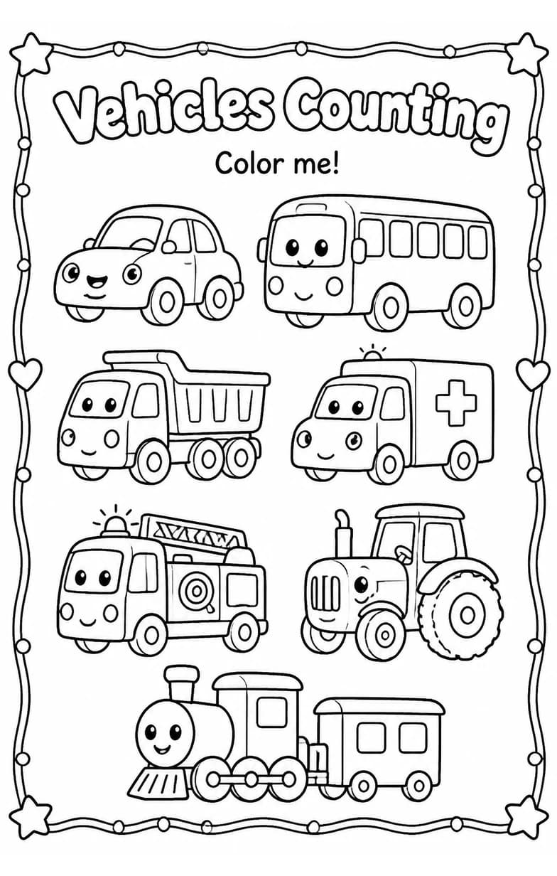 Vehicles Counting Coloring Page