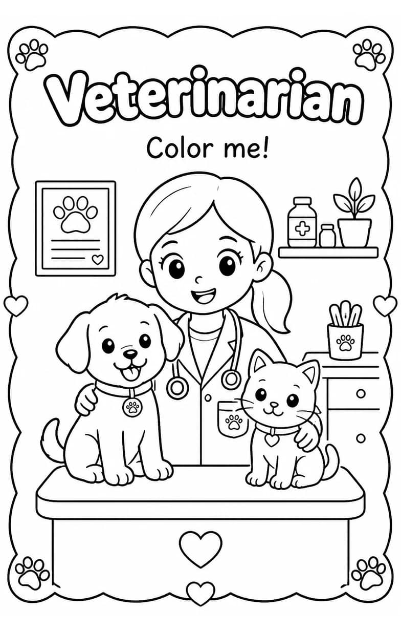 Veterinarian Coloring Pages — free printable Kindergarten Art worksheet