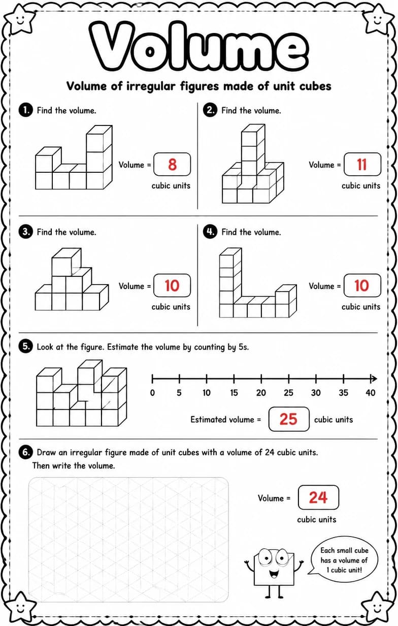 Answer key for Volume of irregular figures made of unit cubes — free printable Math worksheet