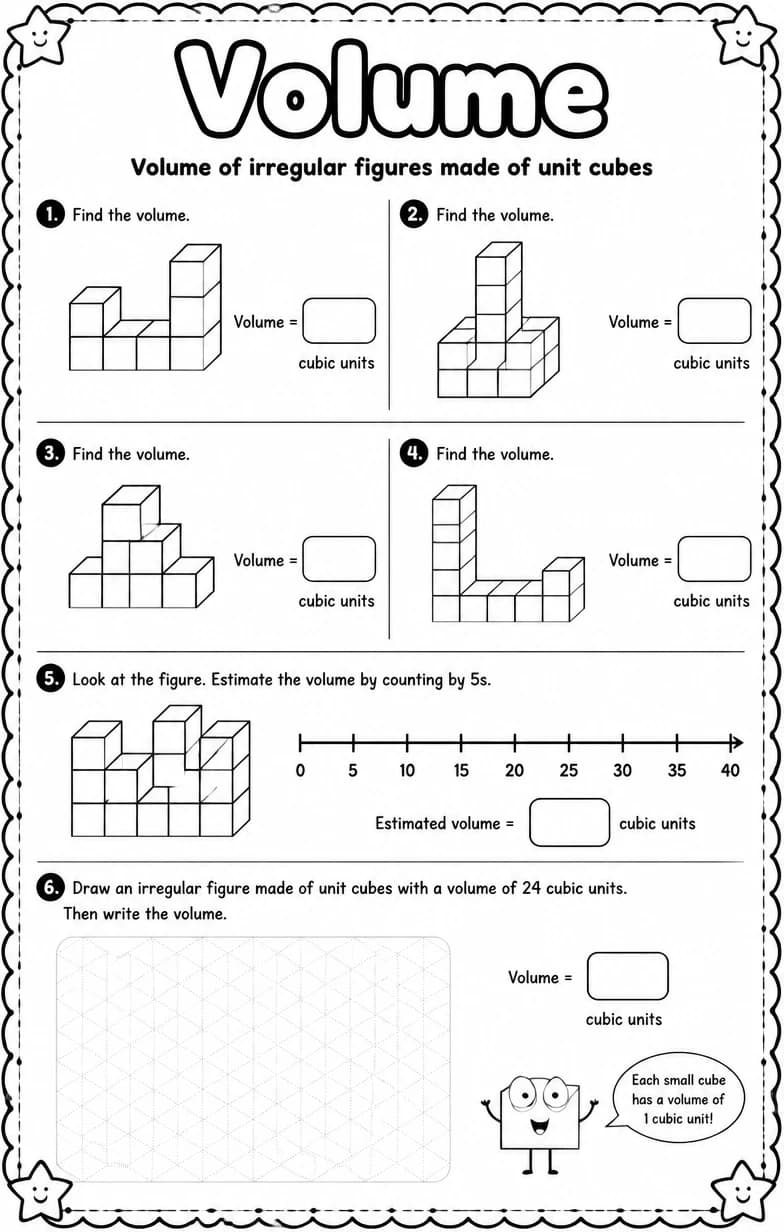 Volume of irregular figures made of unit cubes — free printable Grade 5 Math worksheet