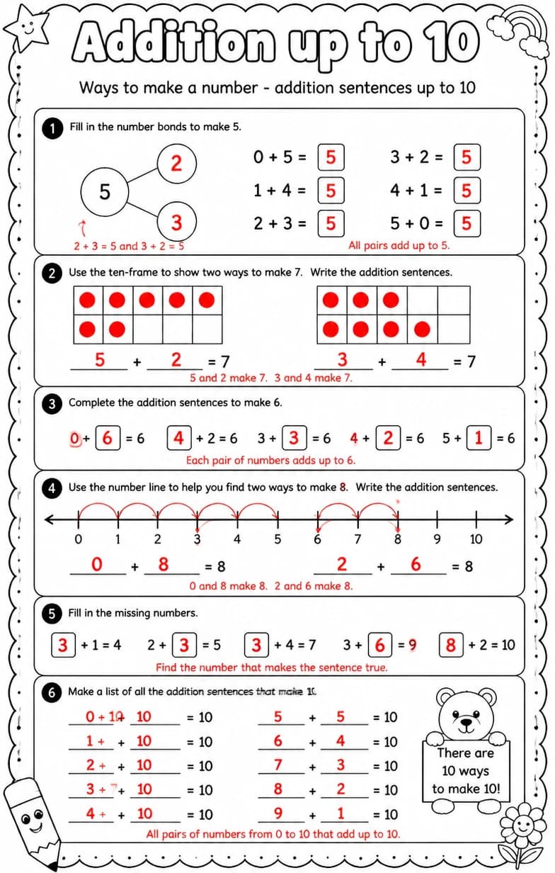Answer key for Ways to make a number - addition sentences up to 10 — free printable Math worksheet
