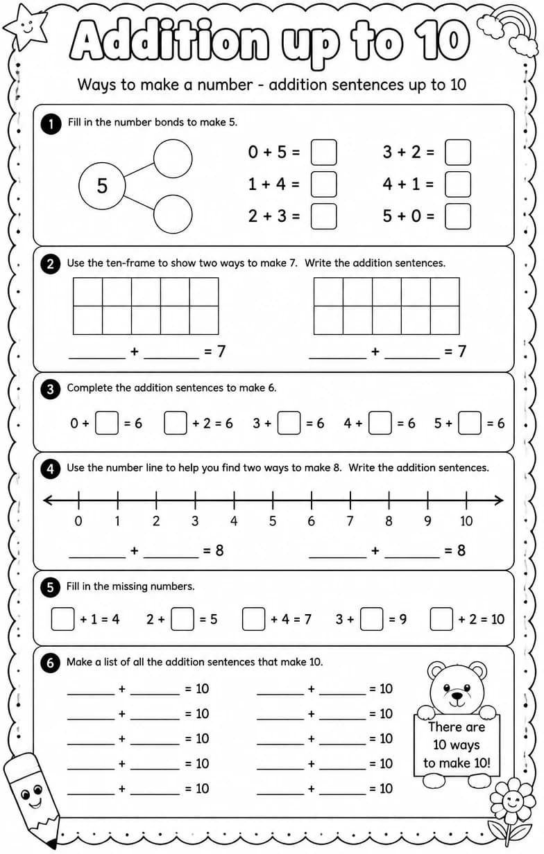 Ways to make a number - addition sentences up to 10 — free printable Grade 1 Math worksheet