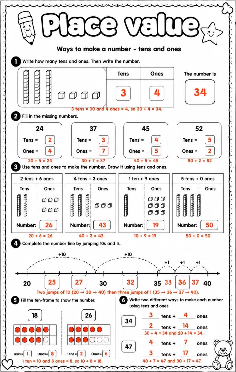 Answer key for Ways to make a number - tens and ones — free printable Math worksheet