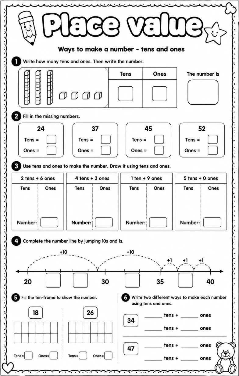 Ways to make a number - tens and ones — free printable Grade 1 math worksheet