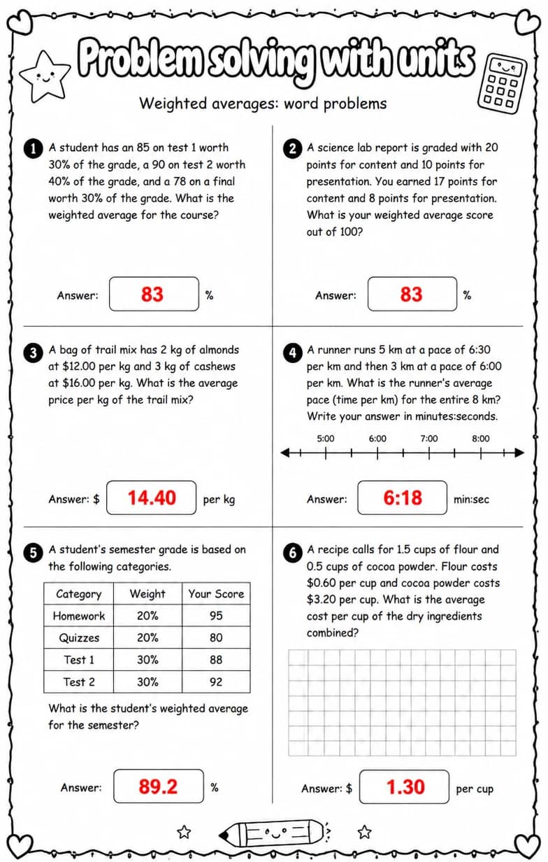 Answer key for Weighted averages: word problems — free printable Math worksheet