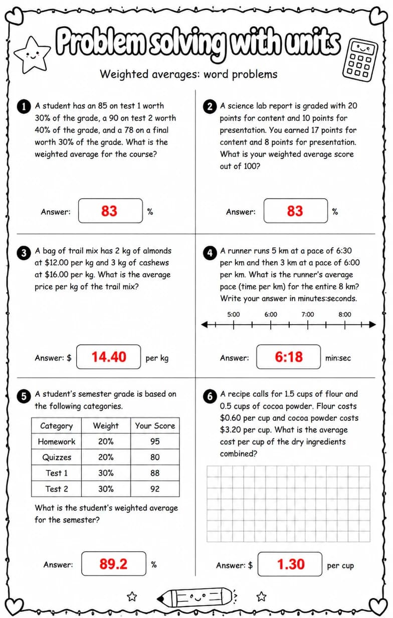 Answer key for Weighted averages: word problems — free printable Math worksheet