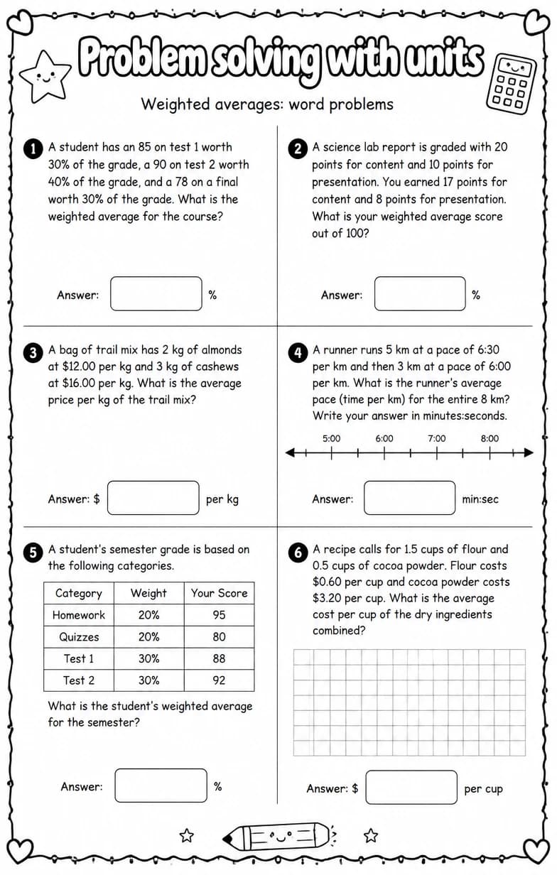 Weighted averages: word problems — free printable Algebra 1 math worksheet