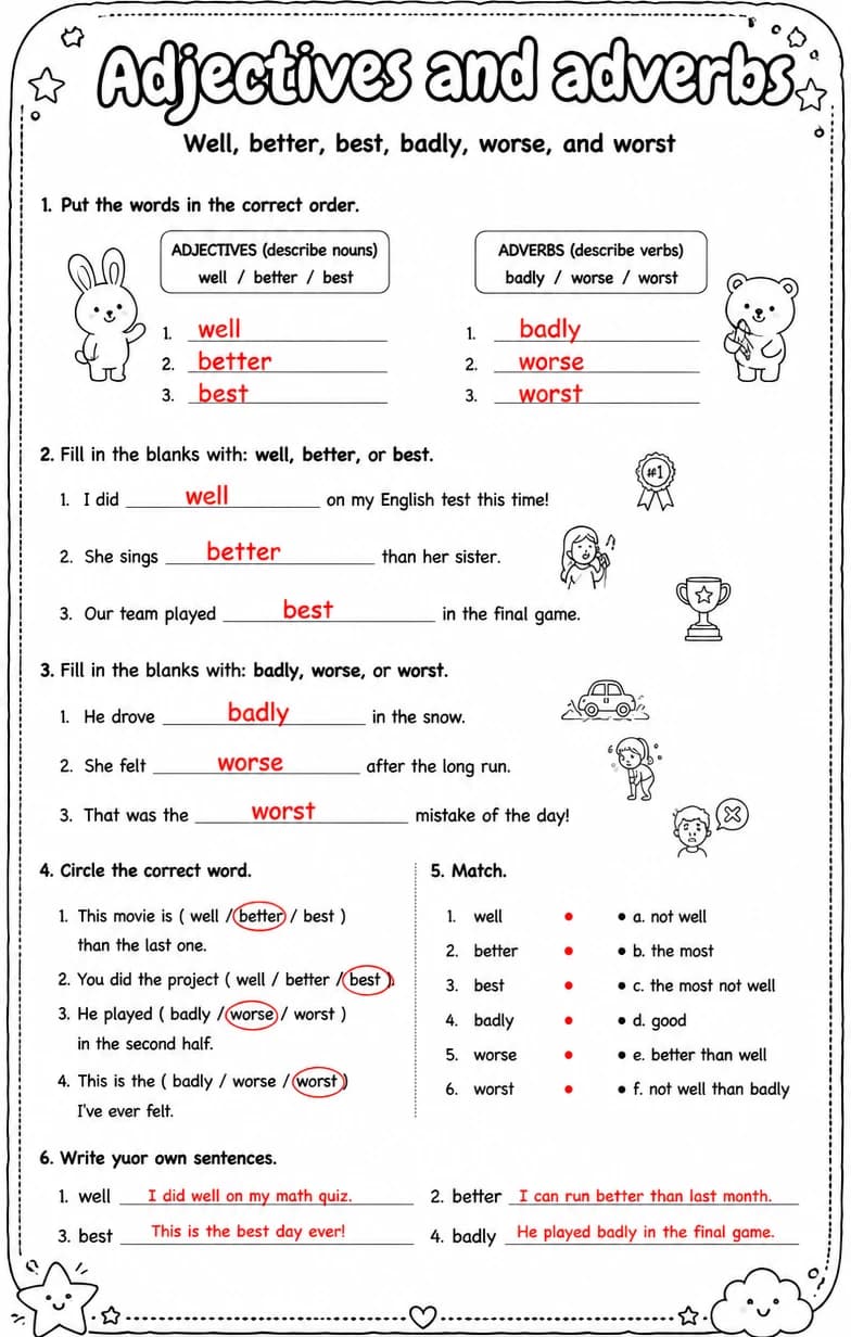 Answer key for Well, better, best, badly, worse, and worst — free printable English & Reading worksheet