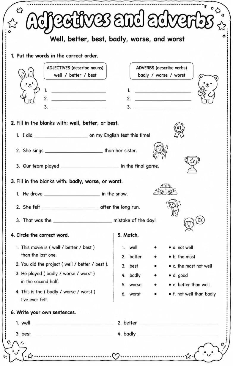 Well, better, best, badly, worse, and worst — free printable Grammar and mechanics English worksheet