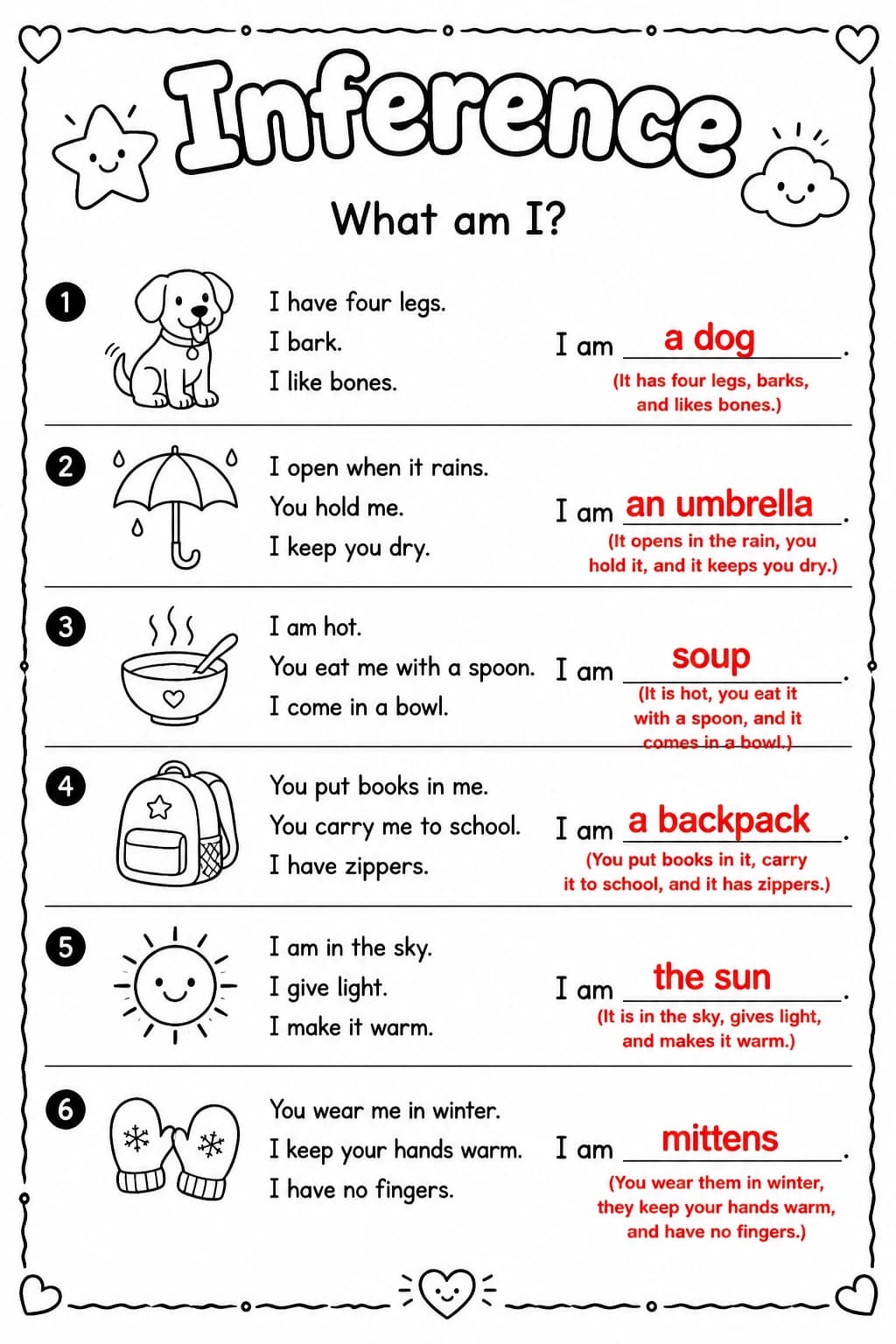 Answer key for What am I? — free printable English & Reading worksheet