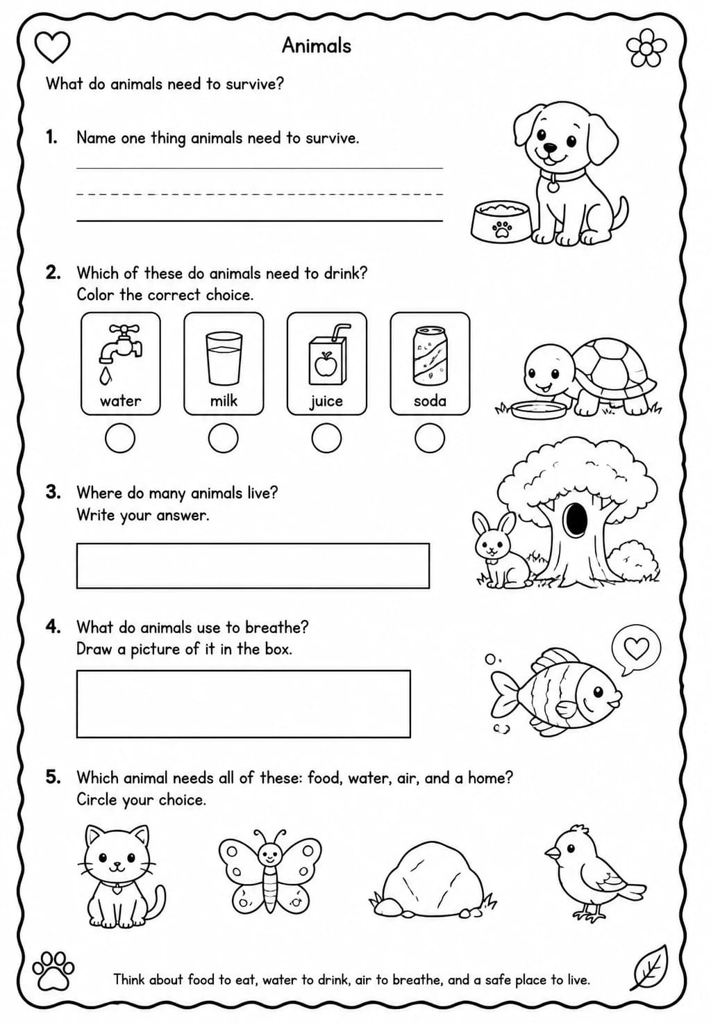 What do animals need to survive? — free printable Kindergarten Science worksheet