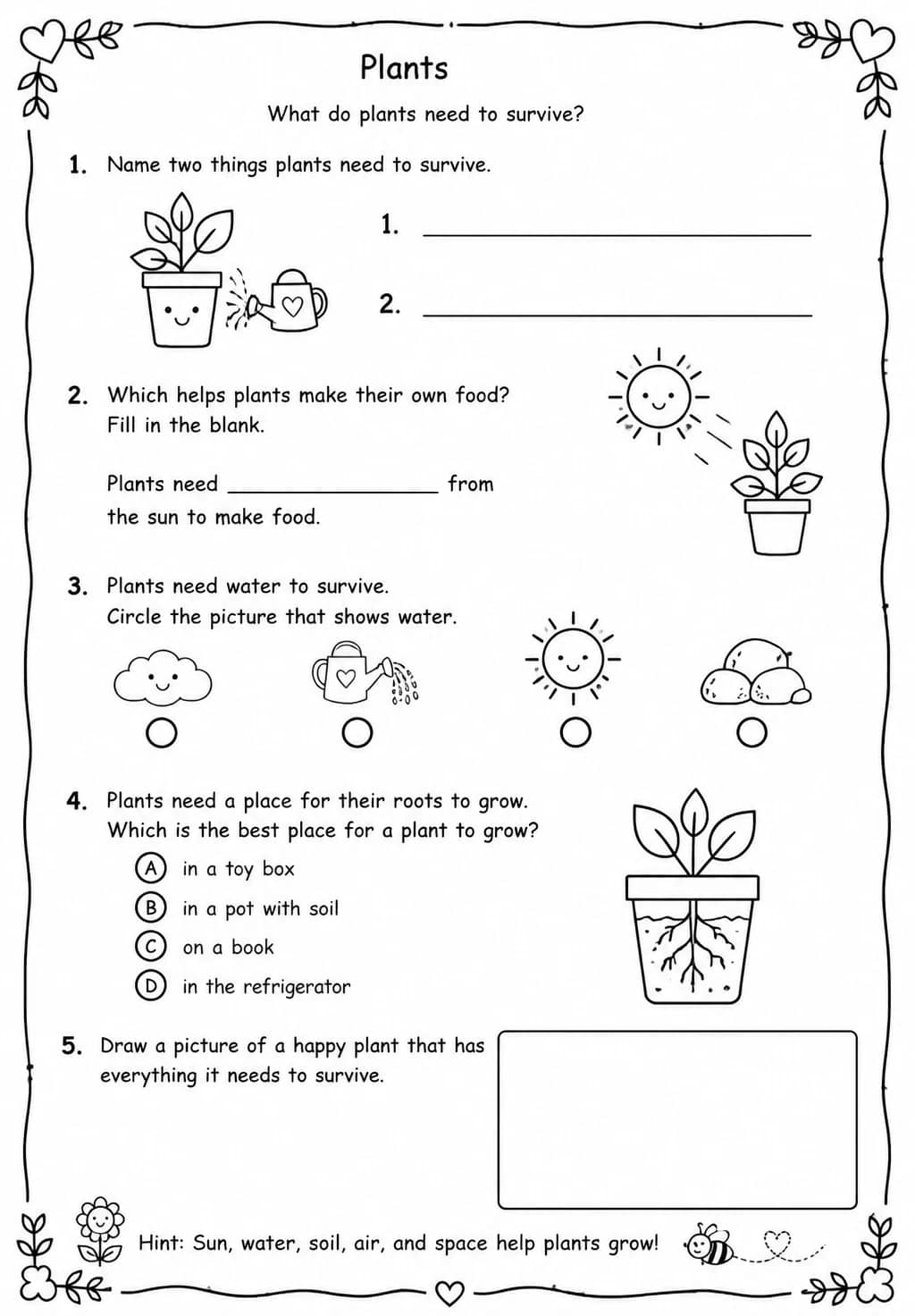 What do plants need to survive? — free printable Kindergarten Science worksheet