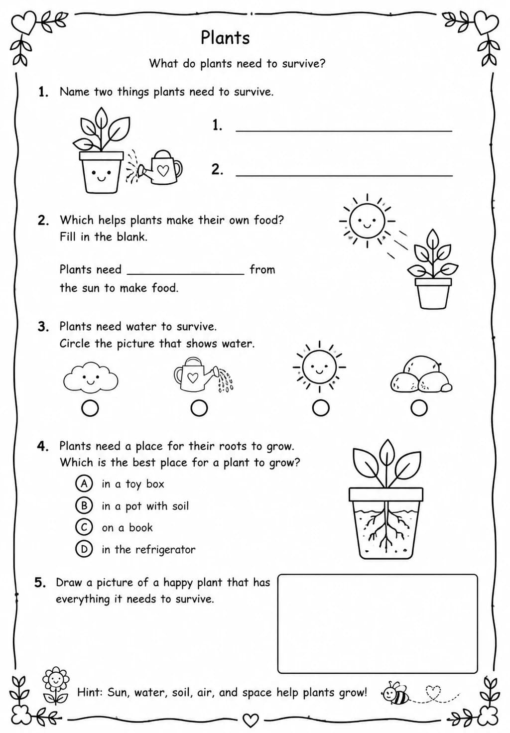 What do plants need to survive? — free printable Kindergarten Science worksheet