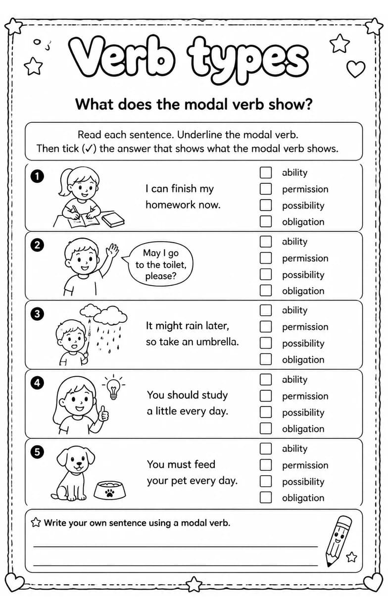 What does the modal verb show? — free printable Grammar and mechanics English worksheet