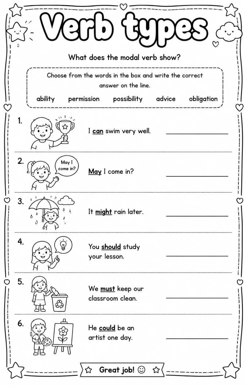 What does the modal verb show? — free printable Grade 5 English & Reading worksheet