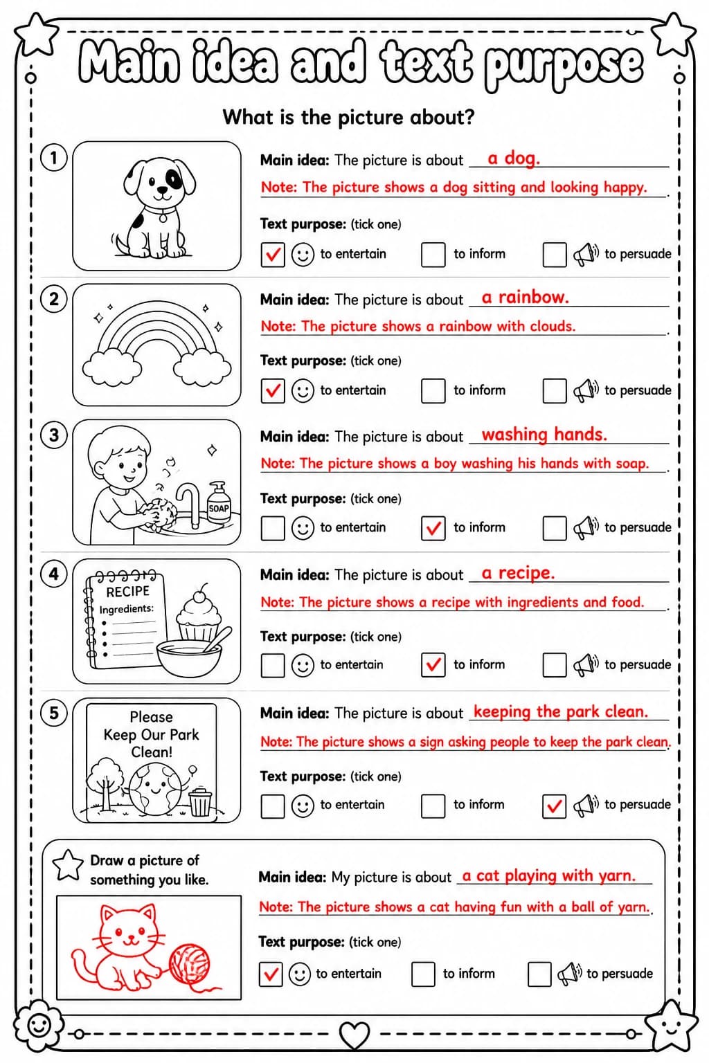 Answer key for What is the picture about? — free printable English & Reading worksheet