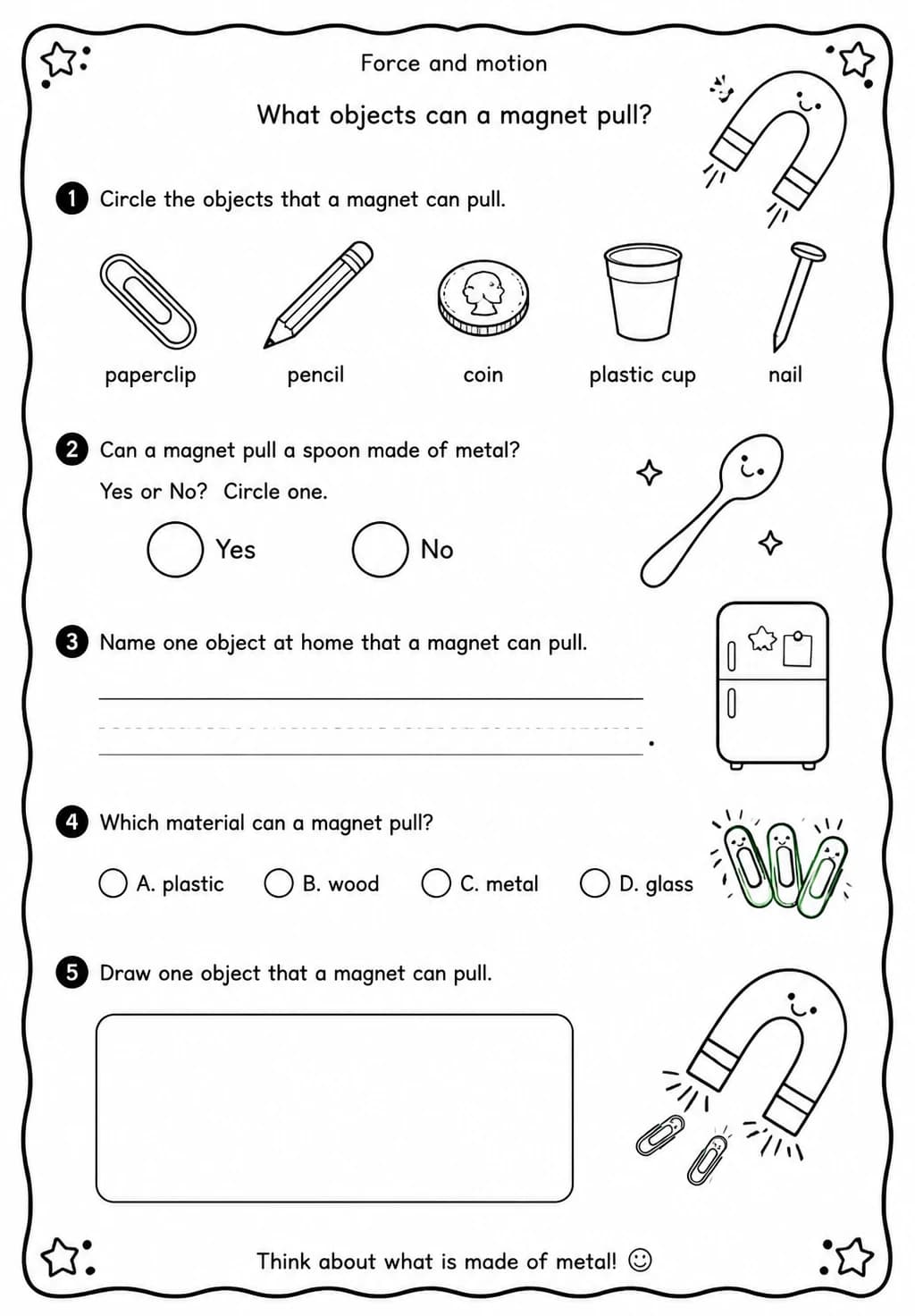 What objects can a magnet pull? — free printable Kindergarten Science worksheet
