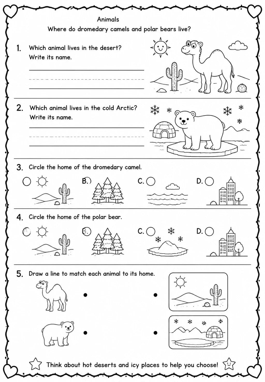 Where do dromedary camels and polar bears live? — free printable Kindergarten Science worksheet