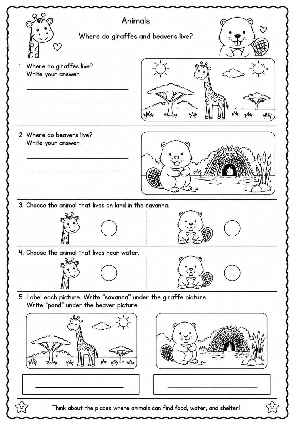 Where do giraffes and beavers live? — free printable Kindergarten Science worksheet