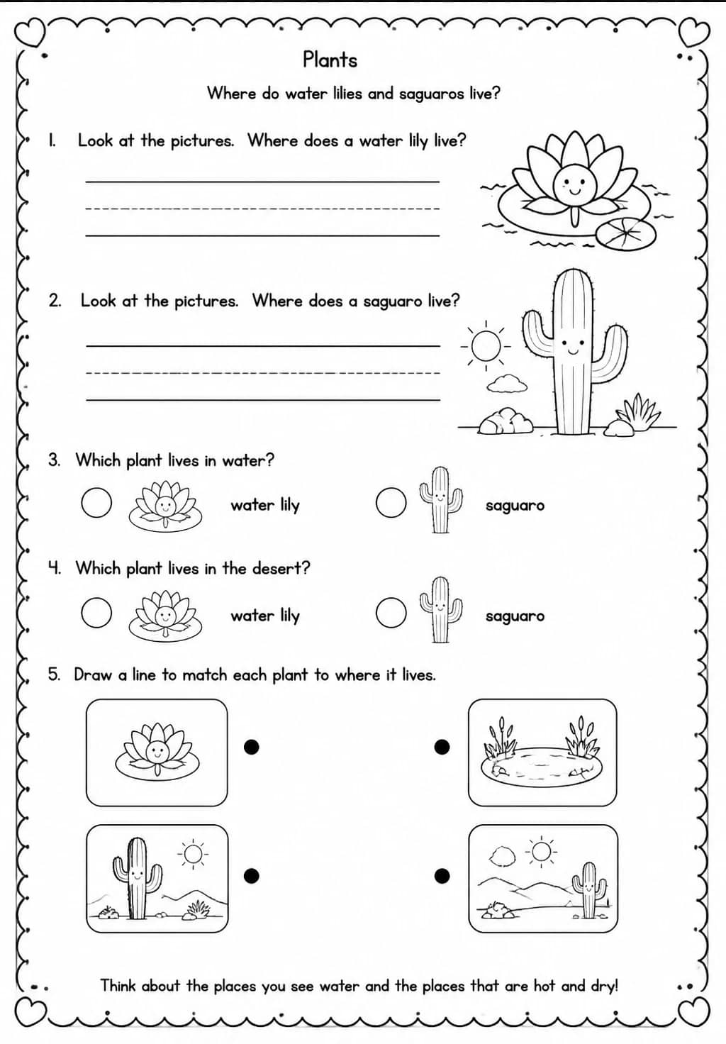 Where do water lilies and saguaros live? — free printable Kindergarten Science worksheet