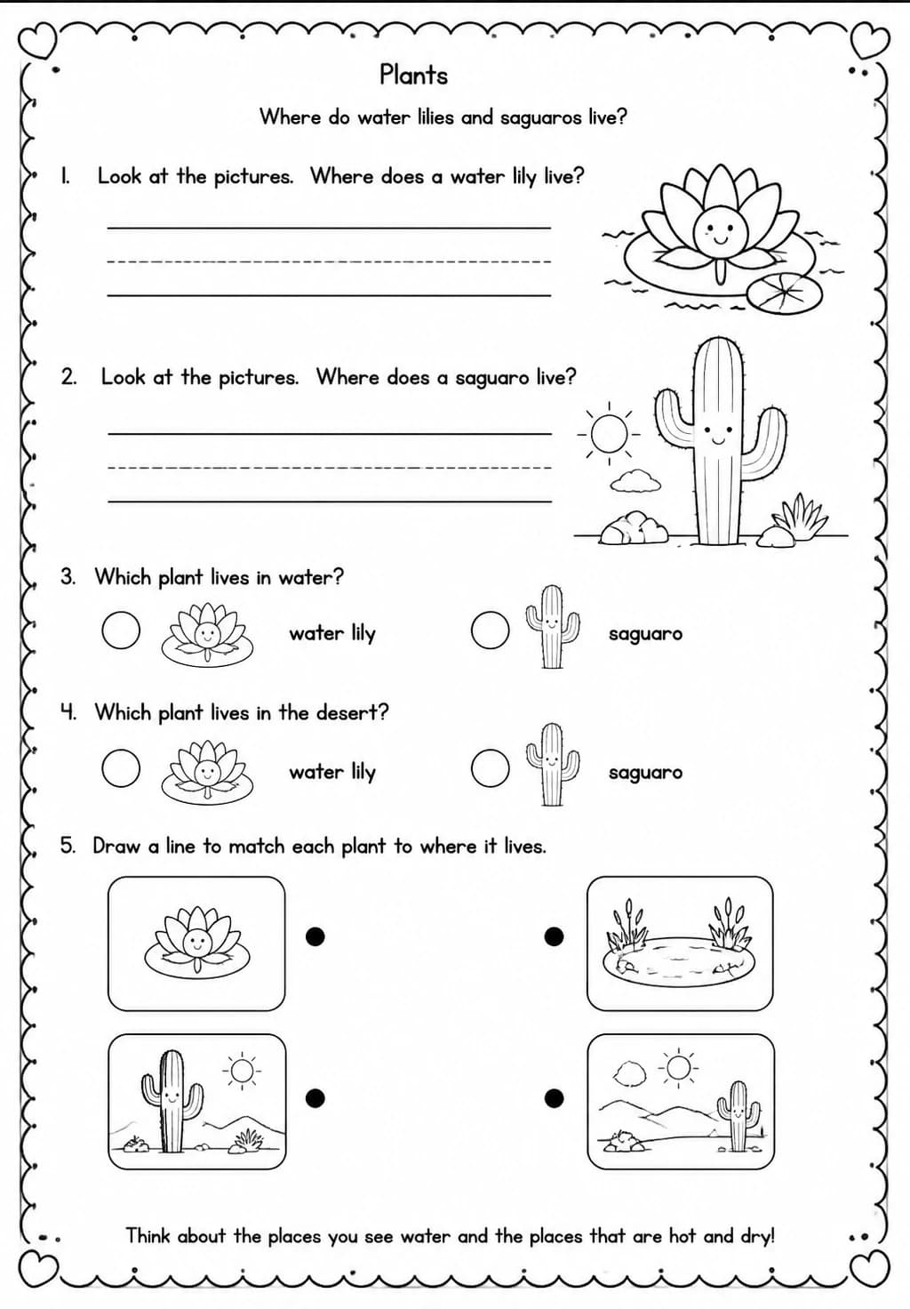 Where do water lilies and saguaros live? — free printable Kindergarten Science worksheet
