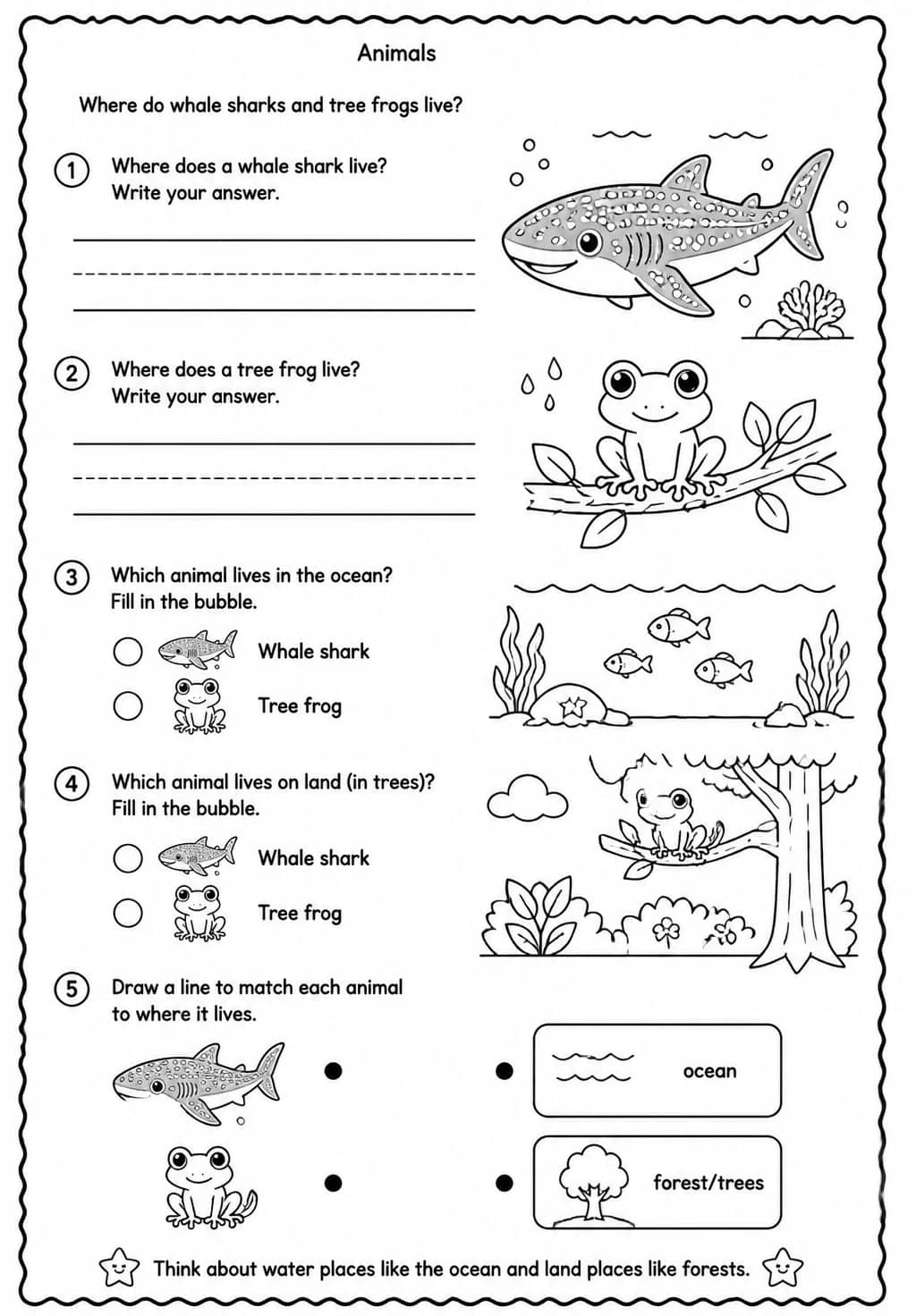 Where do whale sharks and tree frogs live? — free printable Kindergarten Science worksheet