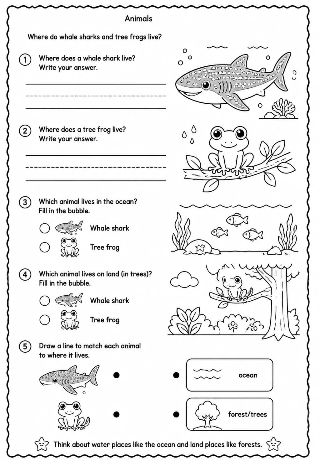 Where do whale sharks and tree frogs live? — free printable Kindergarten Science worksheet