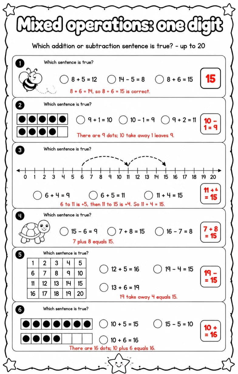 Answer key for Which addition or subtraction sentence is true? - up to 20 — free printable Math worksheet