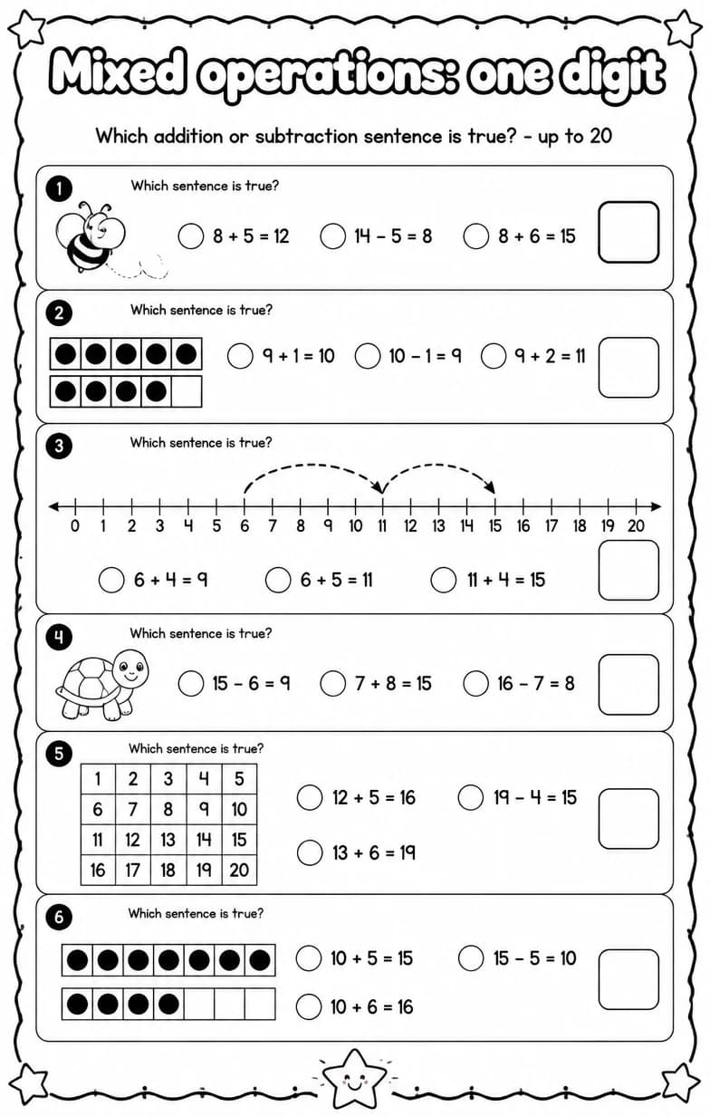 Which addition or subtraction sentence is true? - up to 20 — free printable Grade 2 Math worksheet