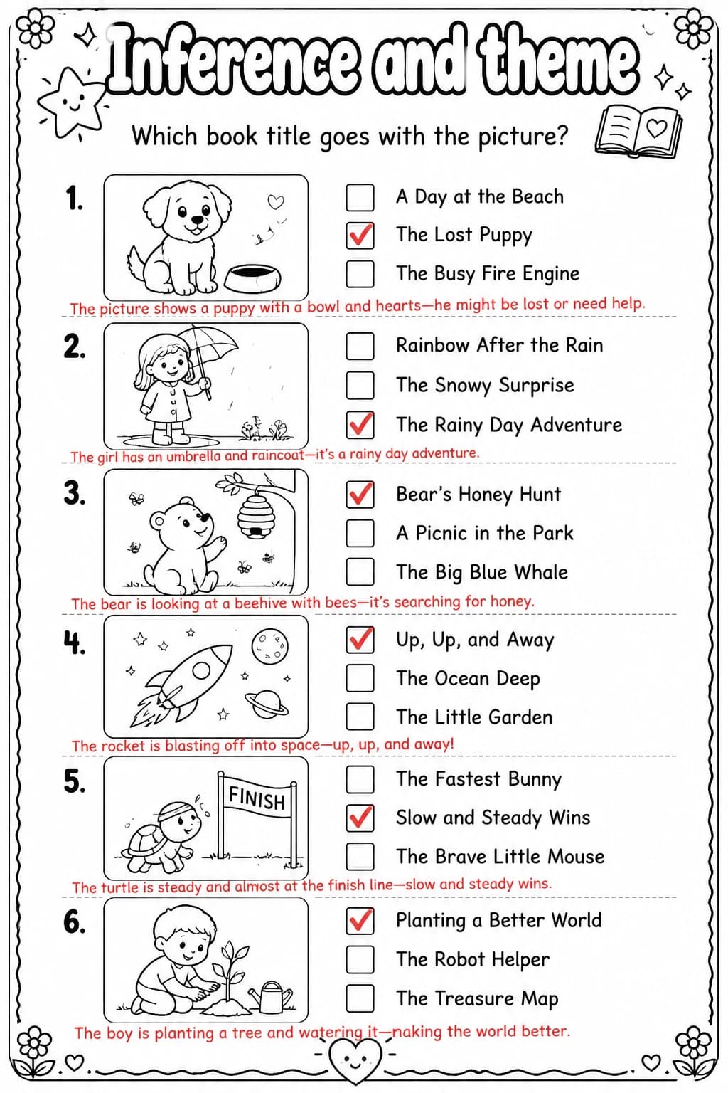 Answer key for Which book title goes with the picture? — free printable English & Reading worksheet