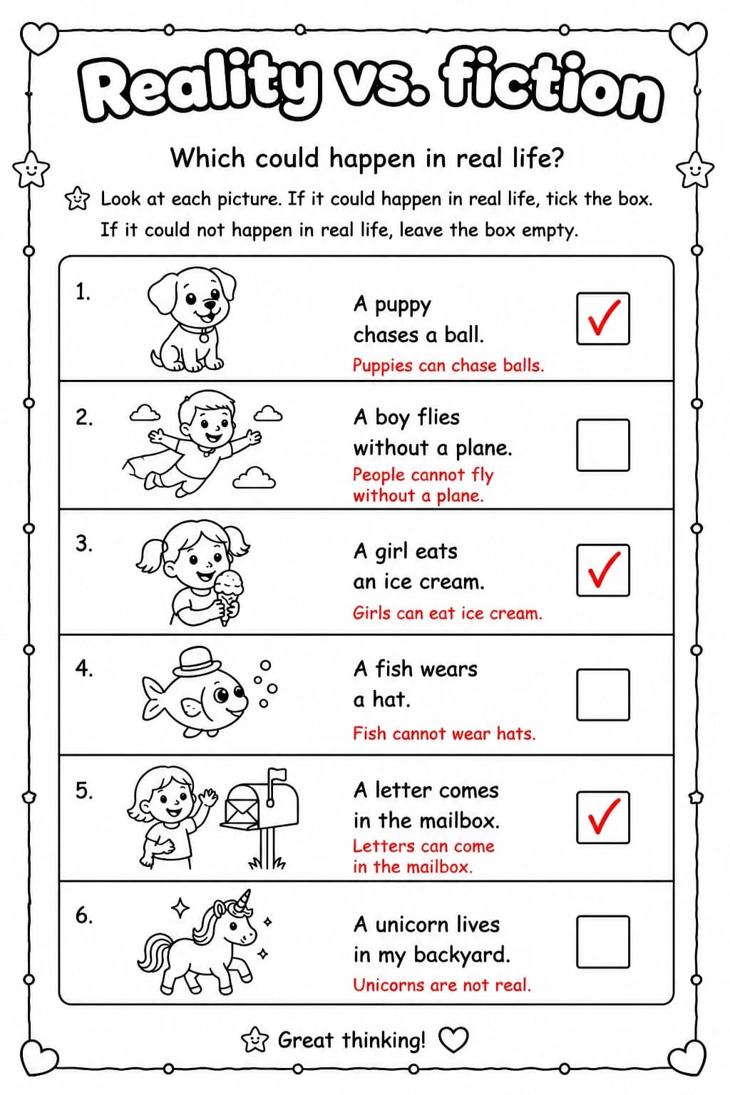 Answer key for Which could happen in real life? — free printable English & Reading worksheet