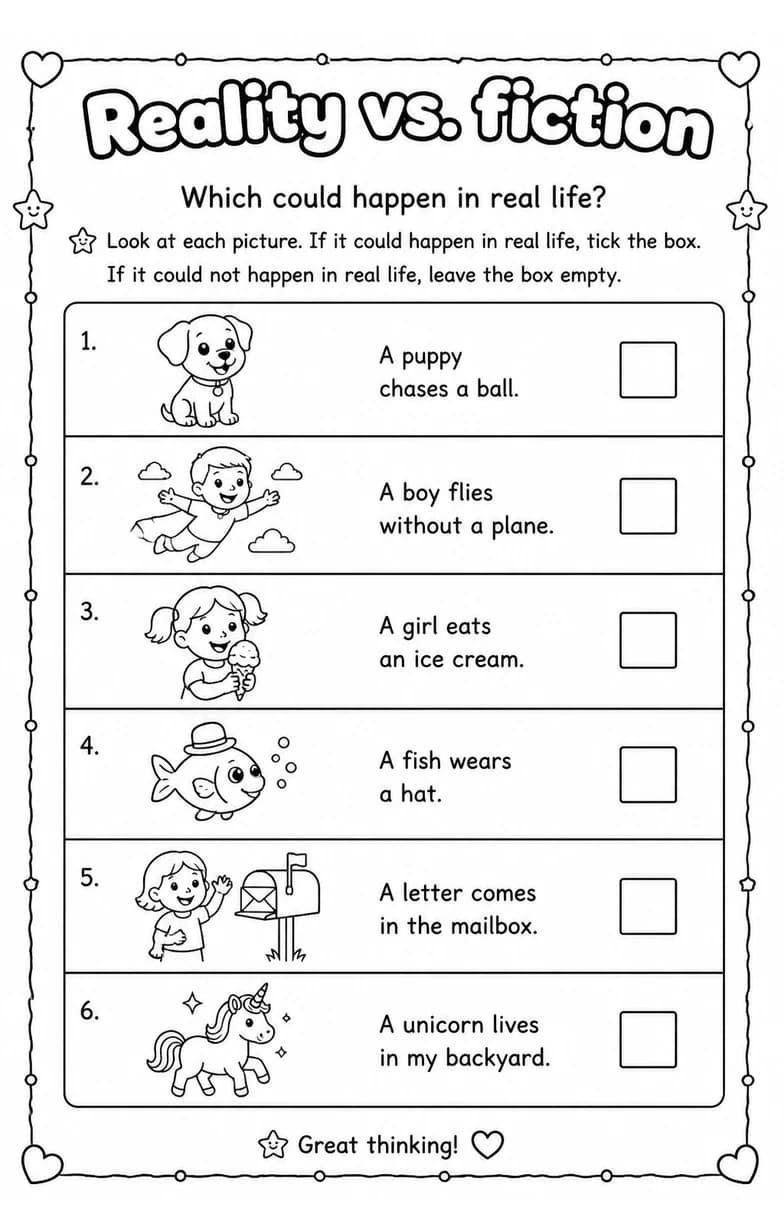Which could happen in real life? — free printable Grade 1 English & Reading worksheet