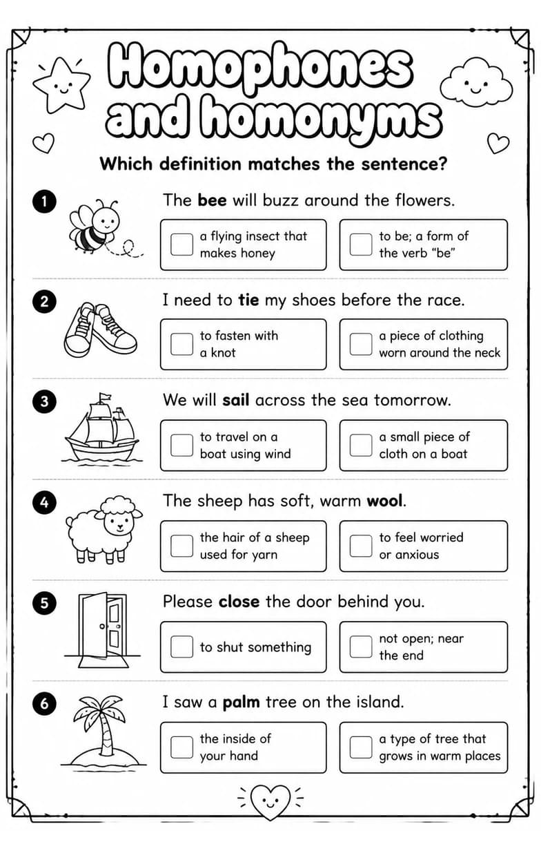 Which definition matches the sentence? — free printable Grade 3 English & Reading worksheet