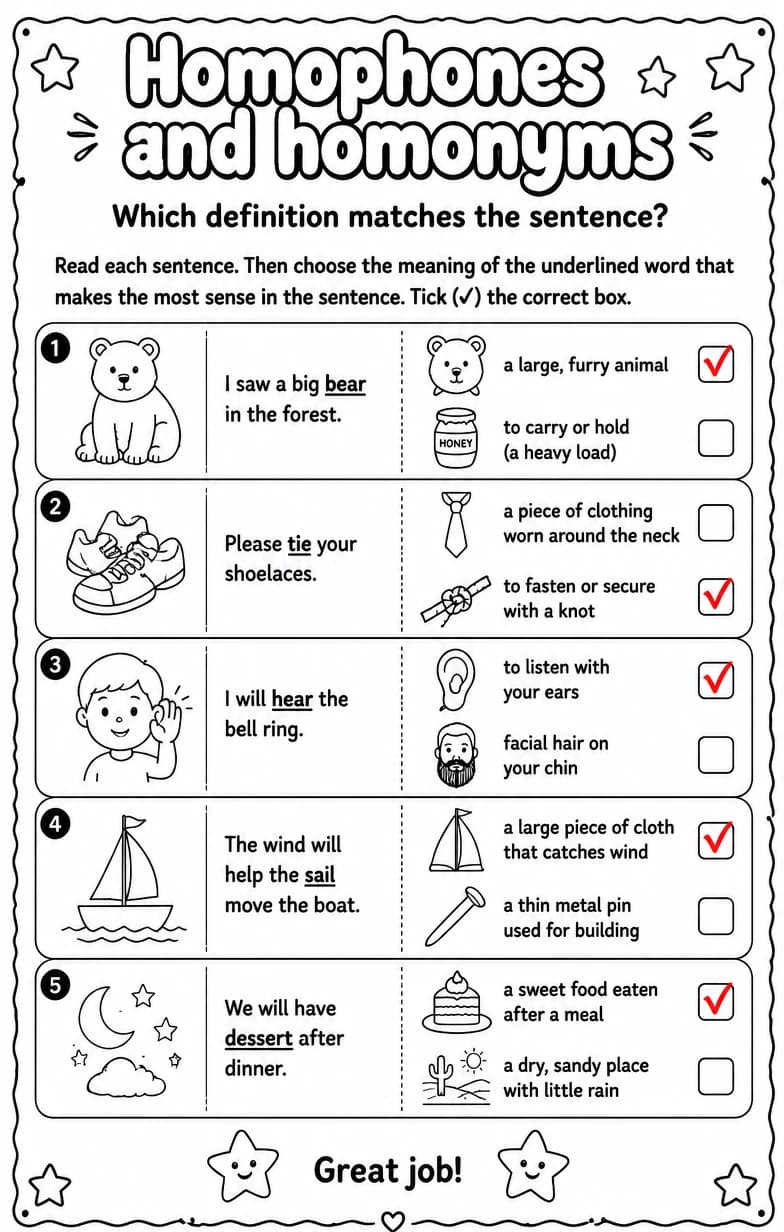Answer key for Which definition matches the sentence? — free printable English & Reading worksheet