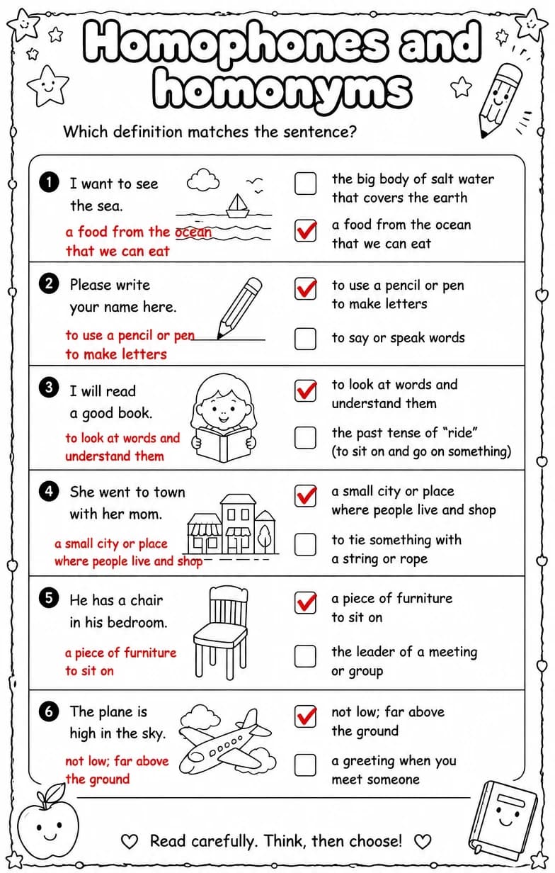 Answer key for Which definition matches the sentence? — free printable English & Reading worksheet