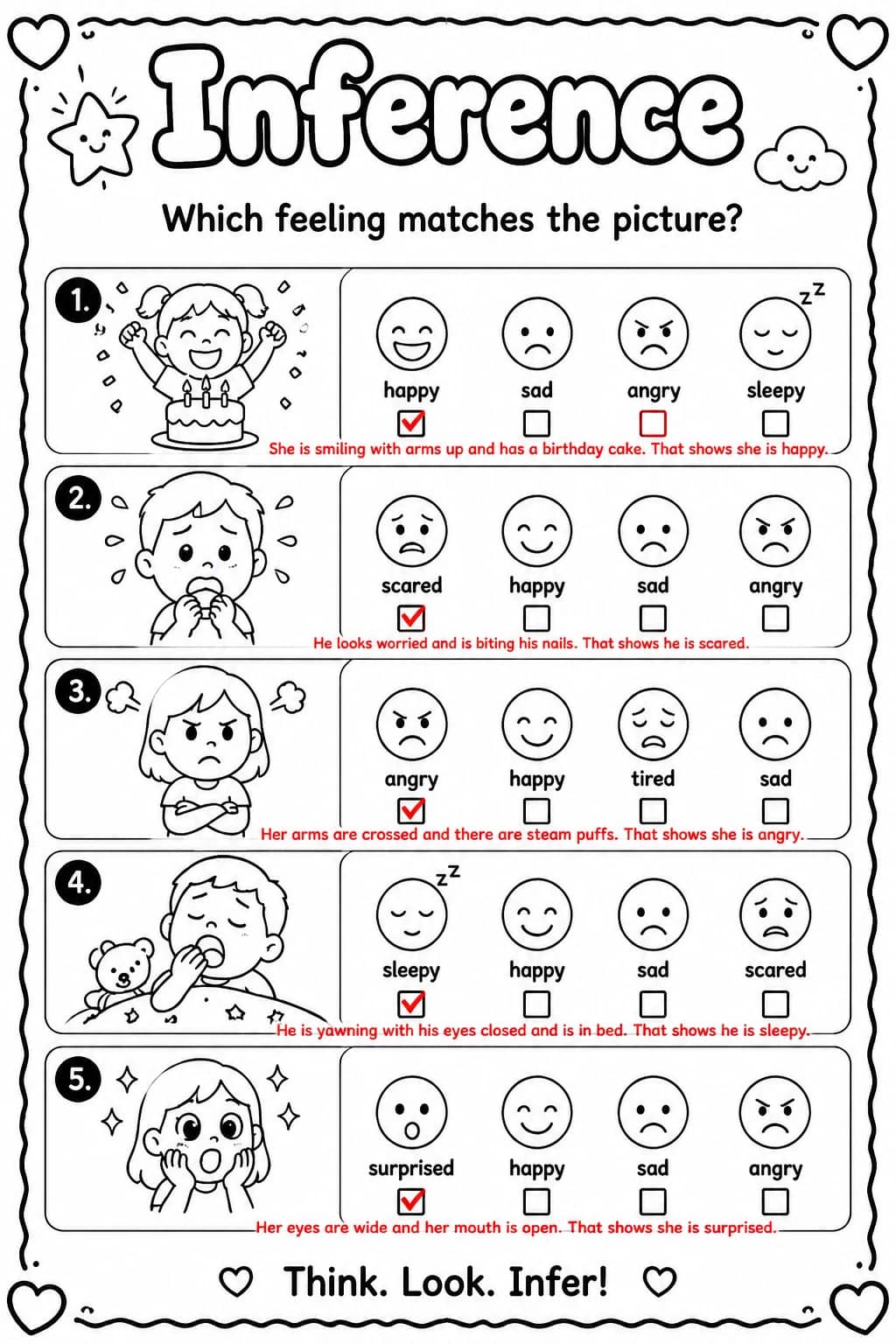 Answer key for Which feeling matches the picture? — free printable English & Reading worksheet