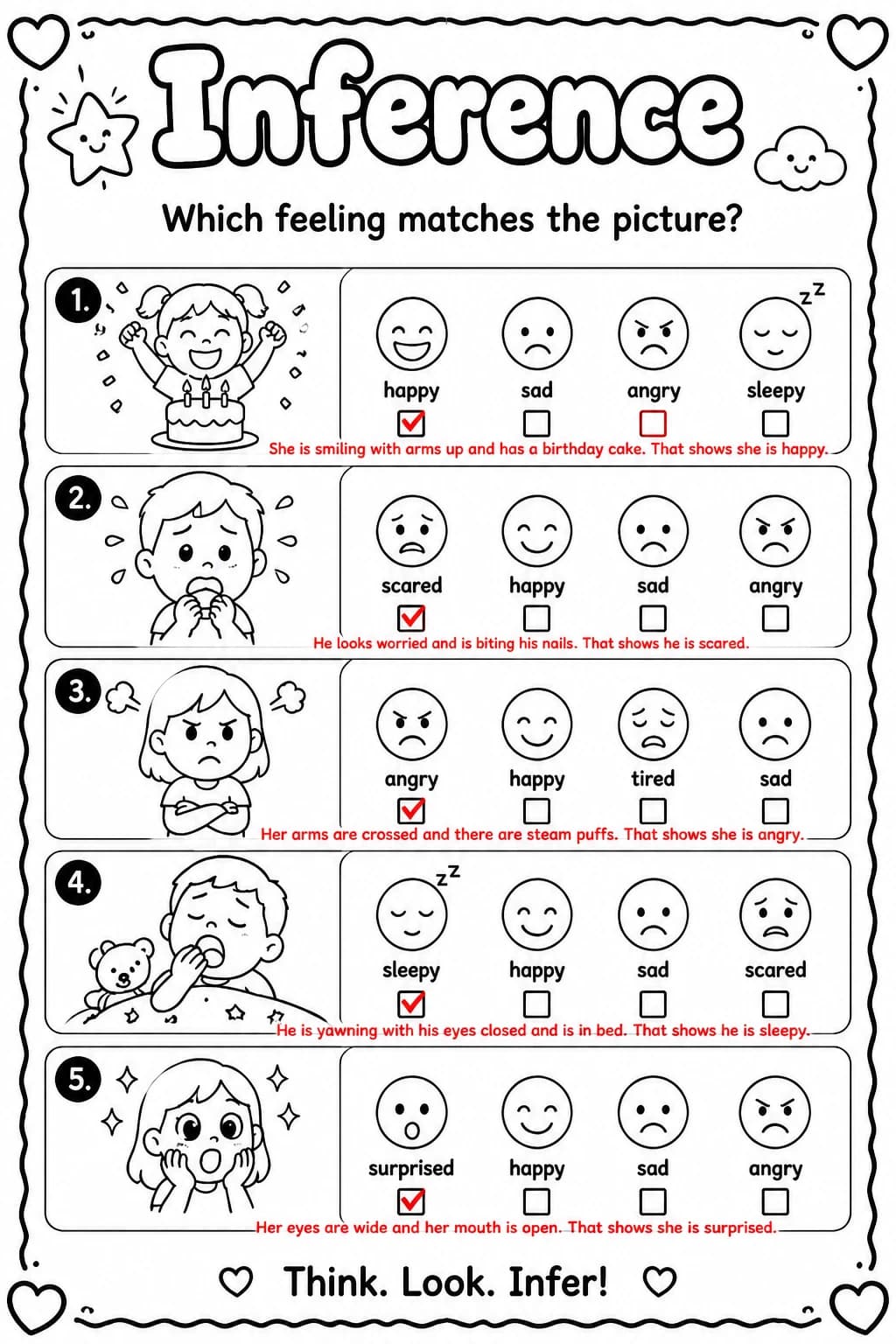 Answer key for Which feeling matches the picture? — free printable English & Reading worksheet