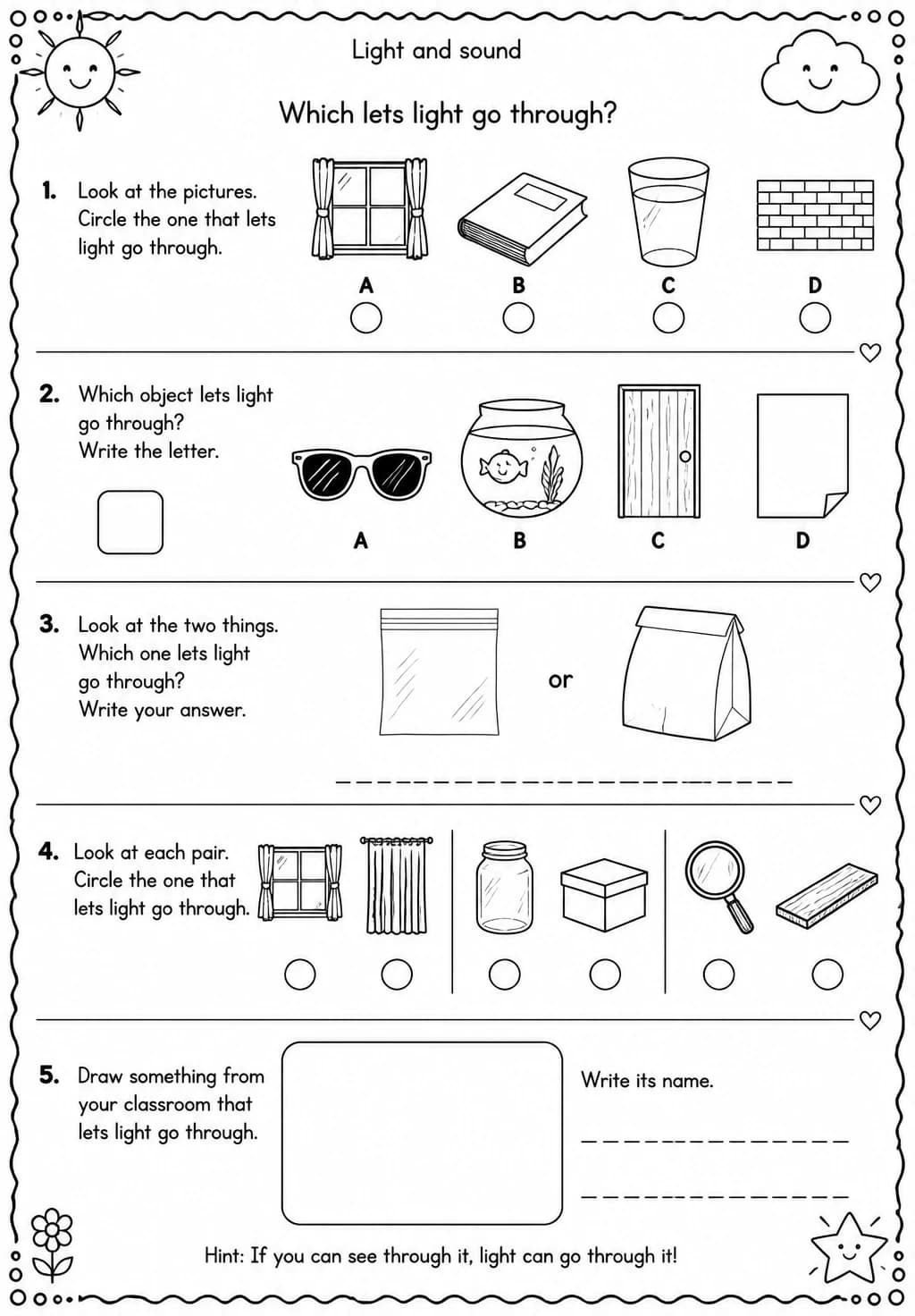 Which lets light go through? — free printable Kindergarten Science worksheet