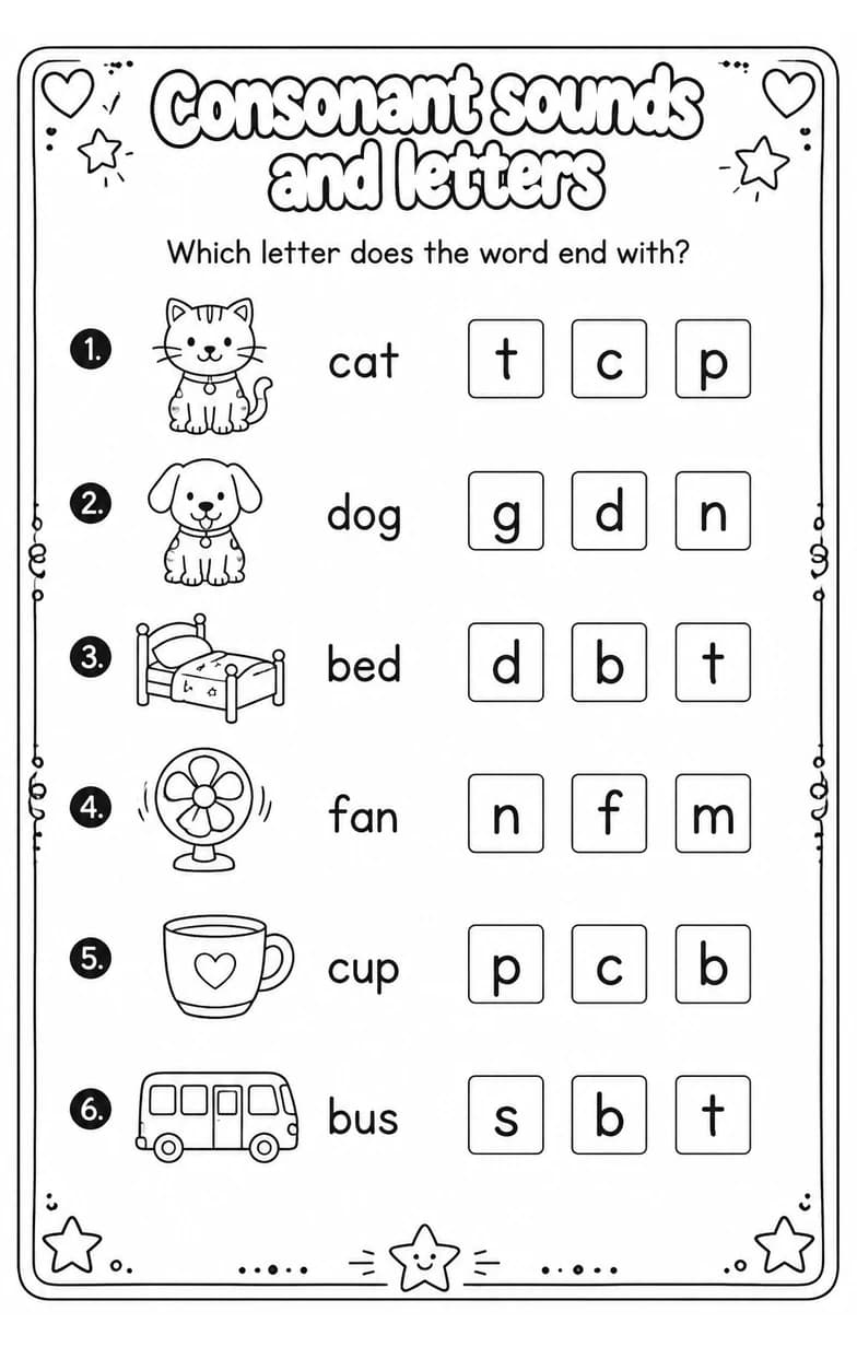 Which letter does the word end with? — free printable Grade 1 English & Reading worksheet