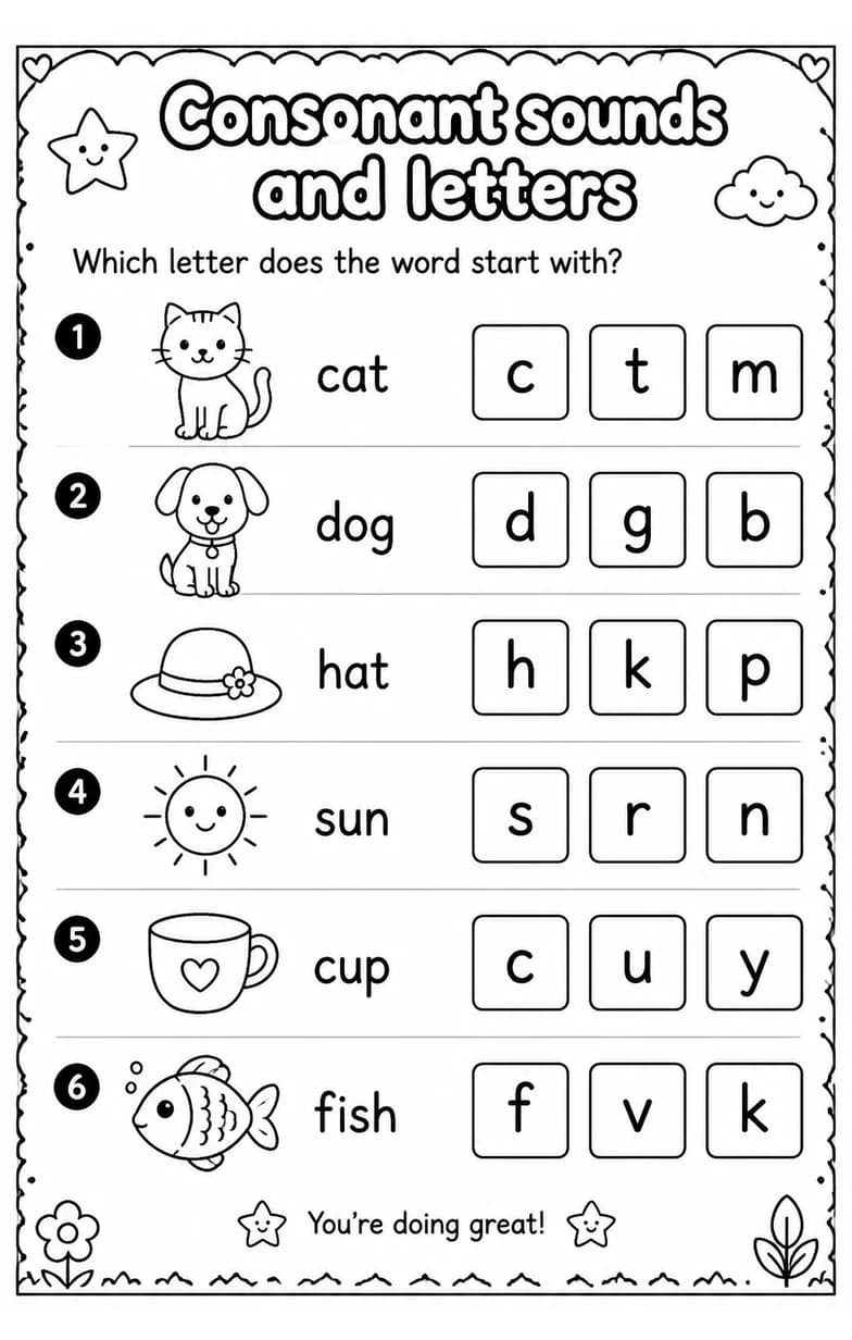 Which letter does the word start with? — free printable Grade 1 English & Reading worksheet