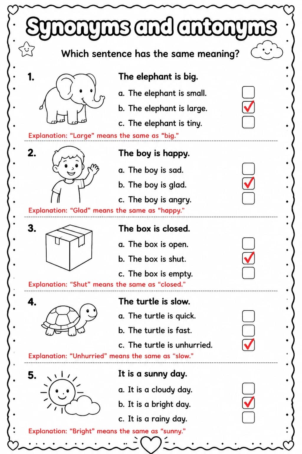 Answer key for Which sentence has the same meaning? — free printable English & Reading worksheet