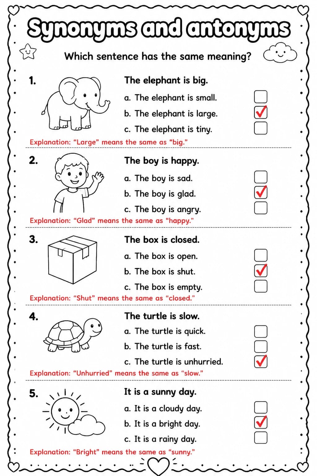 Answer key for Which sentence has the same meaning? — free printable English & Reading worksheet