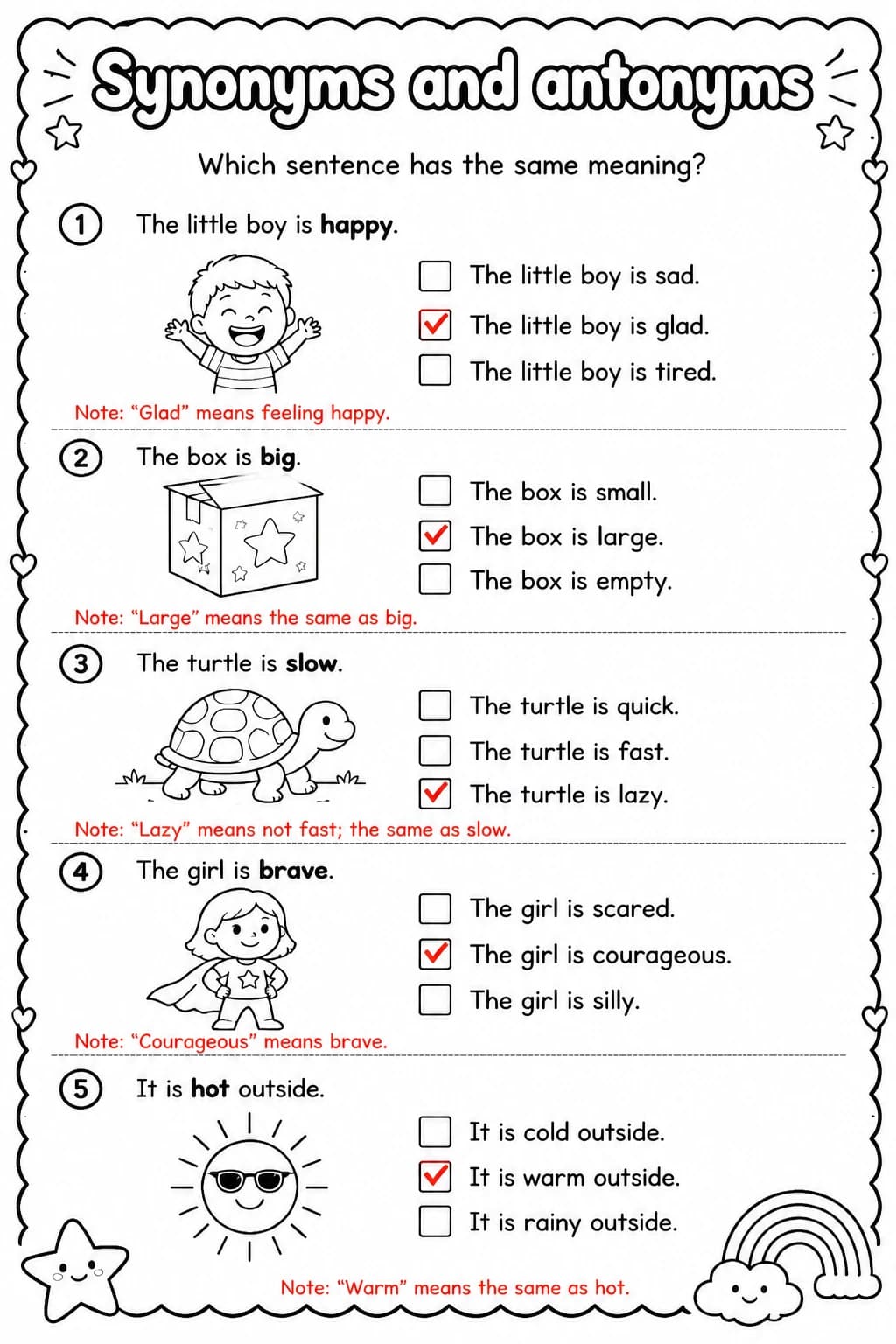 Answer key for Which sentence has the same meaning? — free printable English & Reading worksheet