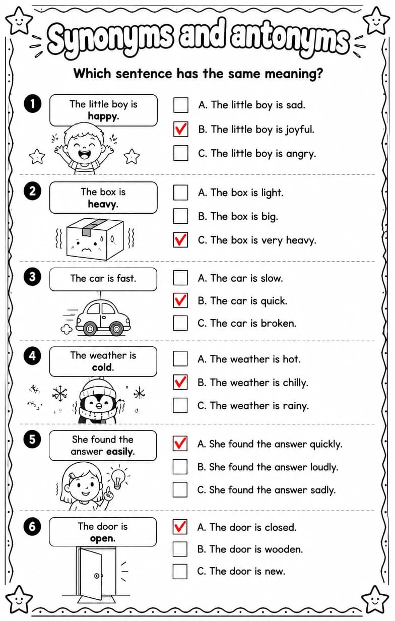 Answer key for Which sentence has the same meaning? — free printable English & Reading worksheet