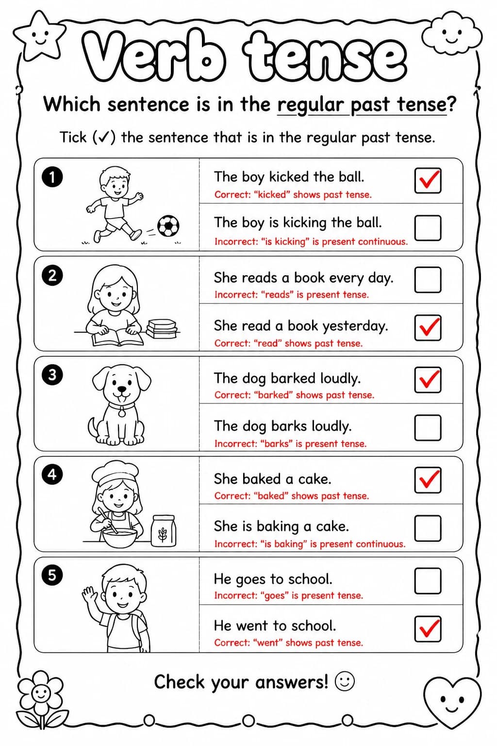 Answer key for Which sentence is in the regular past tense? — free printable English & Reading worksheet