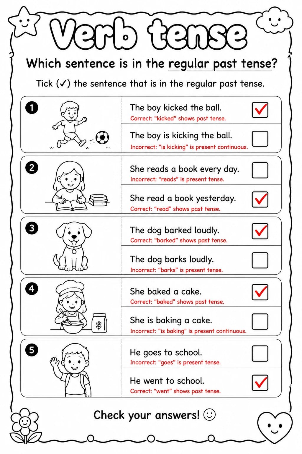 Answer key for Which sentence is in the regular past tense? — free printable English & Reading worksheet