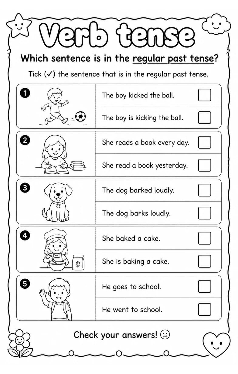 Which sentence is in the regular past tense? — free printable Grammar and mechanics English worksheet