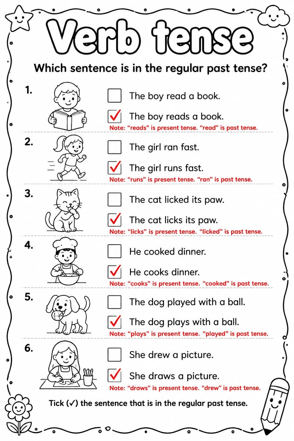 Answer key for Which sentence is in the regular past tense? — free printable English & Reading worksheet