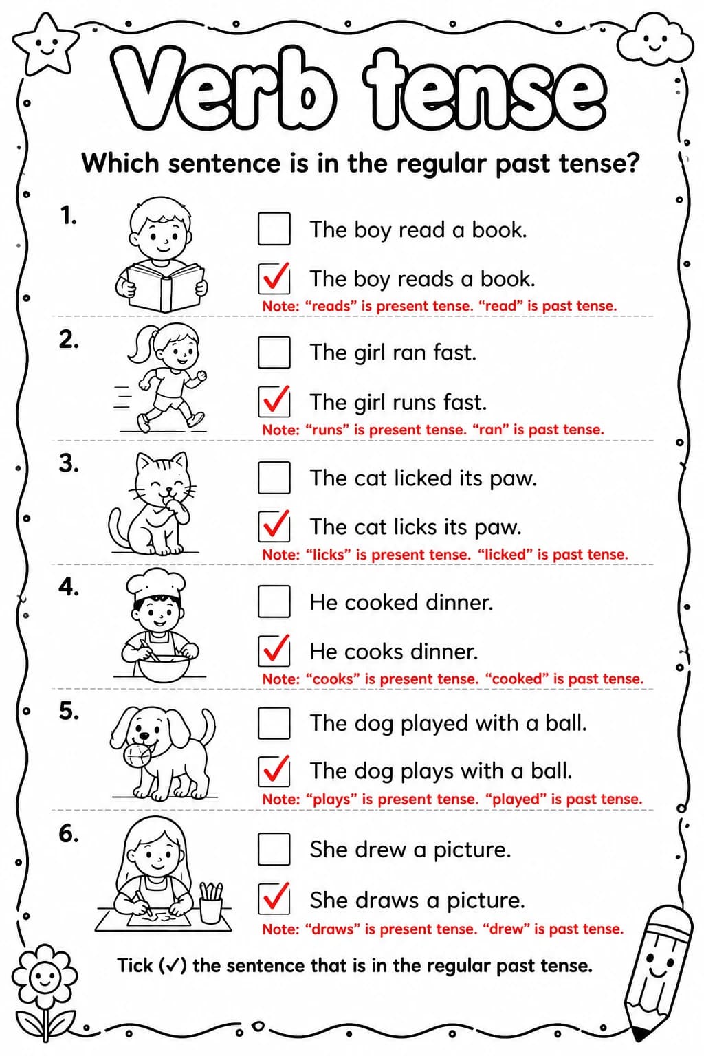 Answer key for Which sentence is in the regular past tense? — free printable English & Reading worksheet